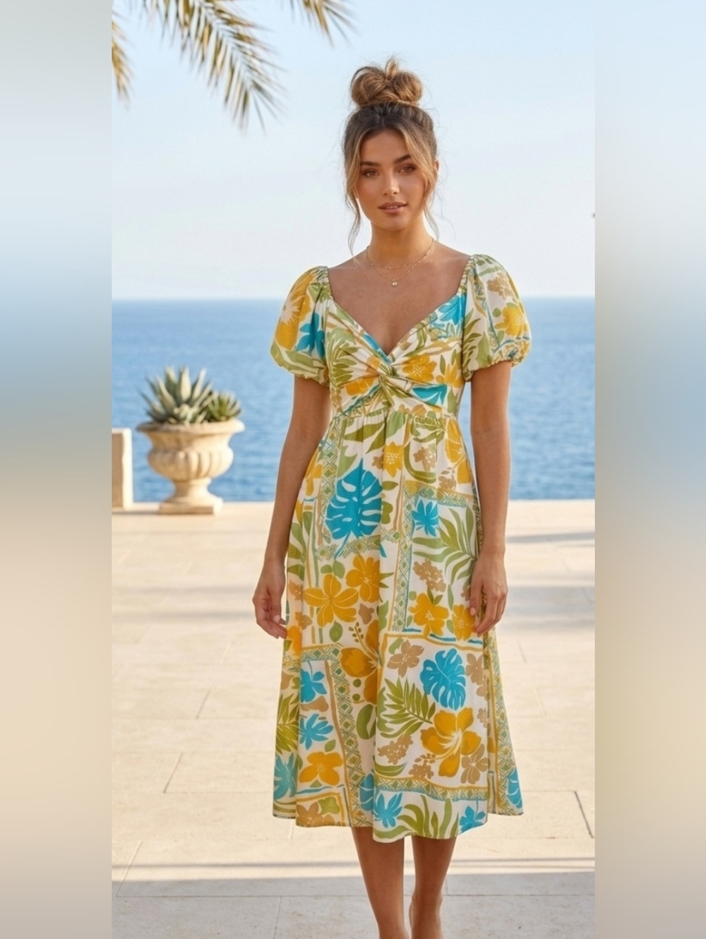 Japna Floral Tropical Summer Dress Twist-Front Puff-Sleeve Smocked Boho Maxi Sml